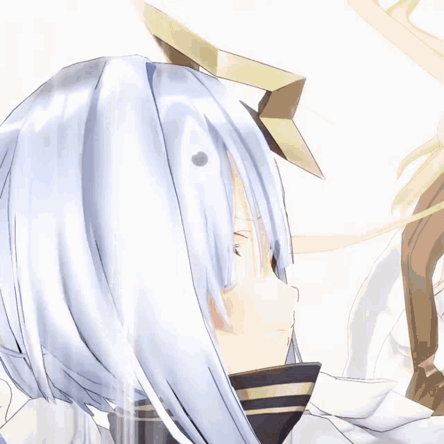 a close up of a white haired anime character with a gold horn on her head
