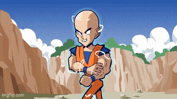 a cartoon of a bald man with his arms crossed in front of mountains