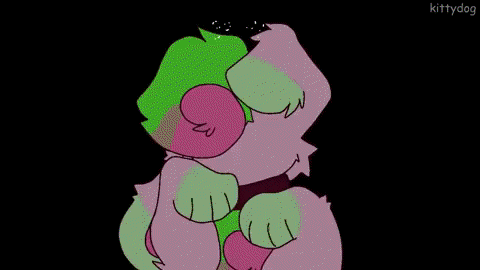 a cartoon drawing of a pink and green cat with paws that look like watermelons .