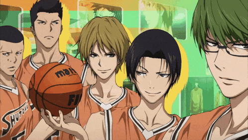 a group of basketball players with one holding a molten ball