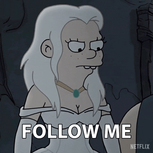 a cartoon of a woman in a white dress says " follow me "