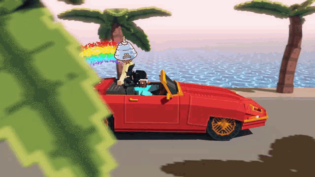 a pixel art drawing of a man in a red car with a rainbow hanging from a palm tree