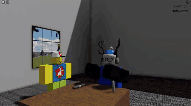 two roblox characters are sitting at a table in front of a window and a screen that says beat up simulator