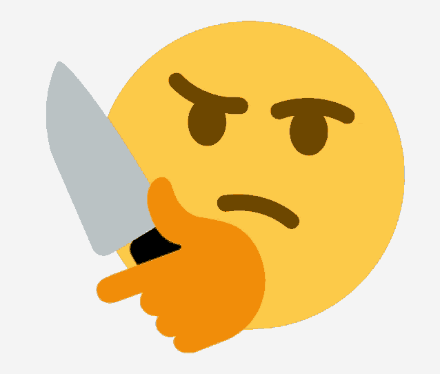 a smiley face is holding a knife and pointing at it