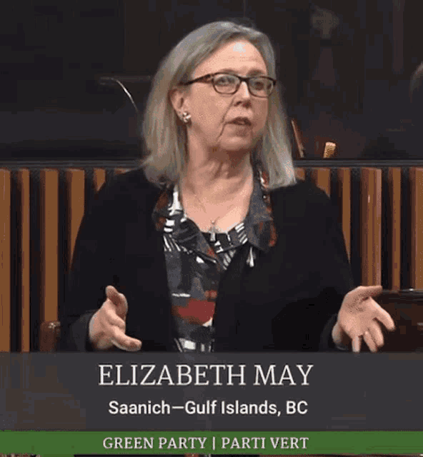 a woman with glasses and the name elizabeth may on the bottom