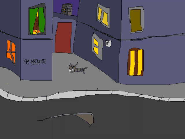 a drawing of a cat in a corner of a building with graffiti that says fat monster