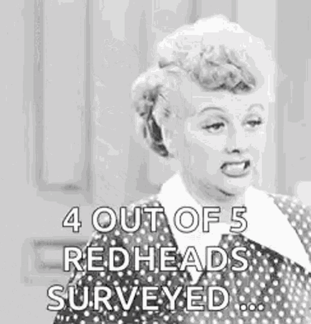 a black and white photo of a woman with a polka dot dress saying `` 4 out of 5 redheads surveyed ... ''