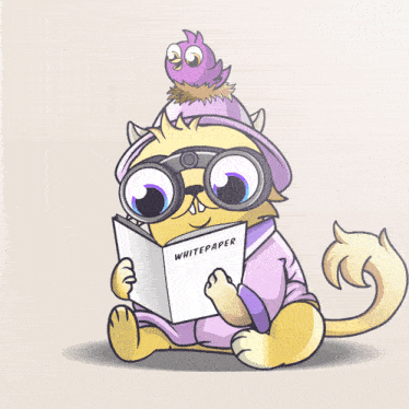 a cartoon cat is reading a whitepaper with a bird on its head