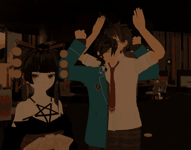 a girl with a pentagram on her chest is standing next to a boy in a suit and tie