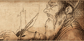 a drawing of a man with a beard writing with a quill pen
