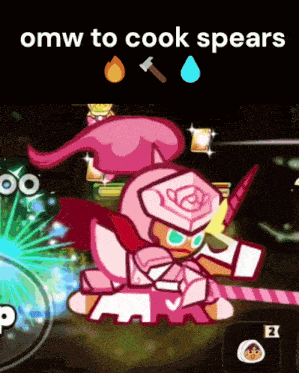 a cartoon character with the words omw to cook spears
