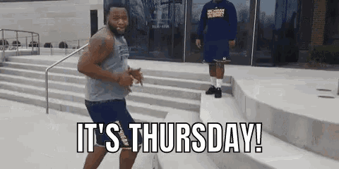 a man is dancing on a set of stairs with the words `` it 's thursday '' .