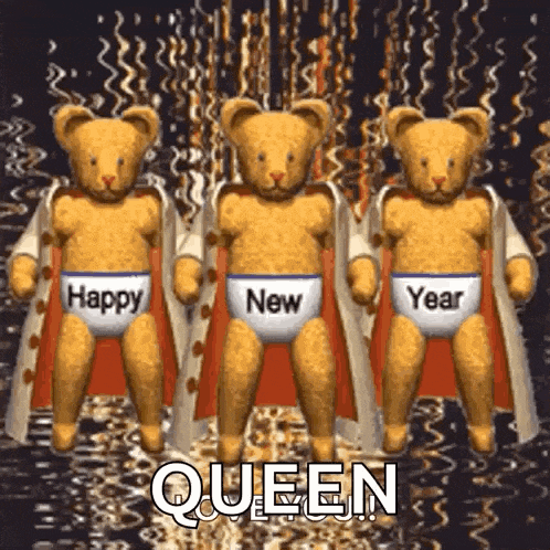 three teddy bears wearing diapers that say happy new year are standing next to each other