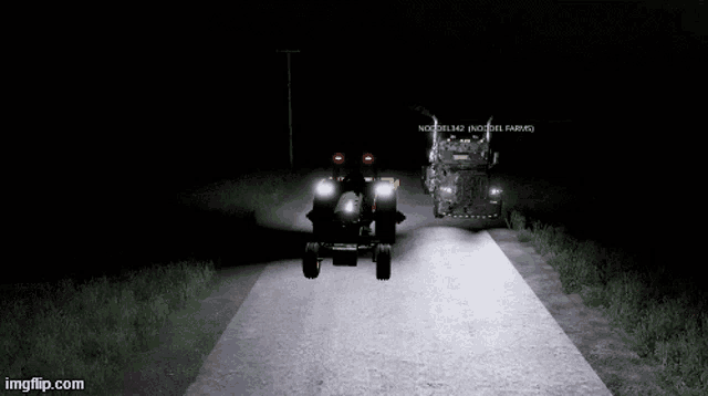 a green tractor is driving down a road next to a truck that says no diesel ( no diesel farms )