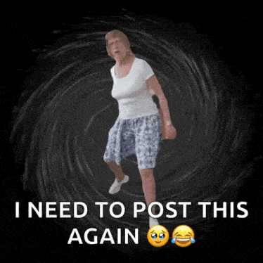 a woman in a white shirt and blue skirt is standing in front of a black background with the words " i need to post this again "