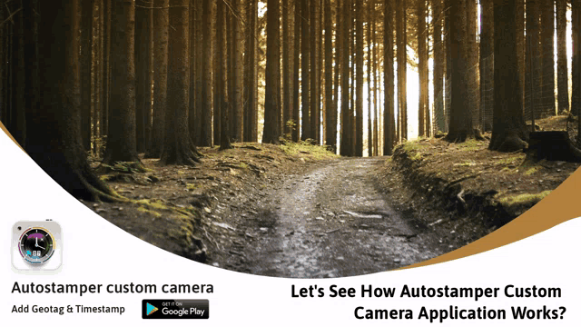 an advertisement for autostamper custom camera shows a path through a forest