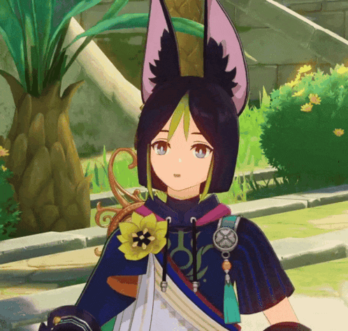 a cartoon character with a yellow flower on her shoulder and a flower on her ear