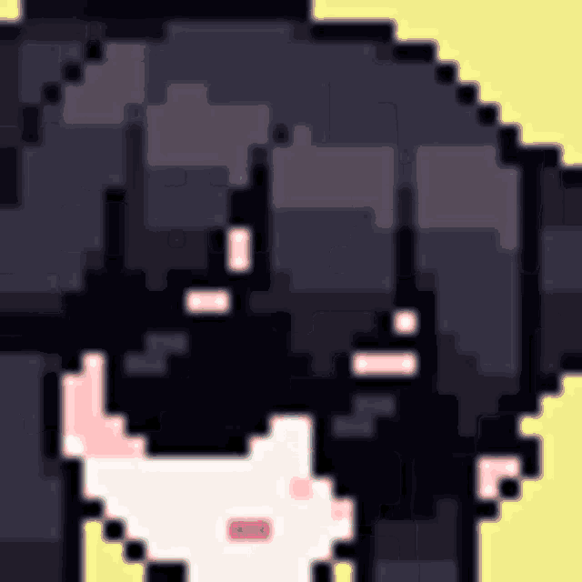 a pixel art drawing of a girl with black hair and a white shirt .