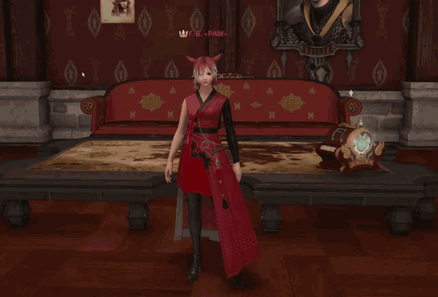 a woman in a red dress is standing in front of a couch and a table with the name bpaw on the bottom