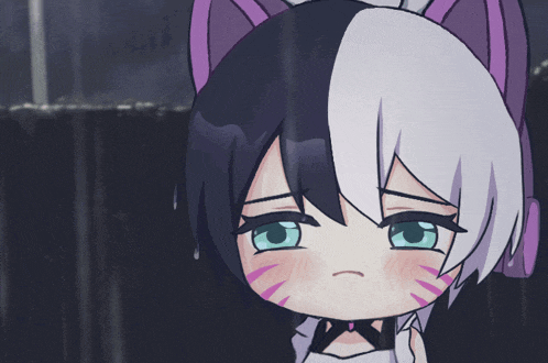 a cartoon of a girl with black and white hair and blue eyes