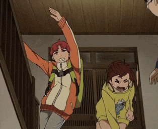 a man and a girl are standing on a set of stairs with their arms outstretched
