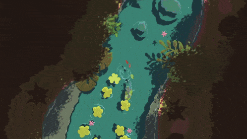 a painting of a pond with lily pads and plants