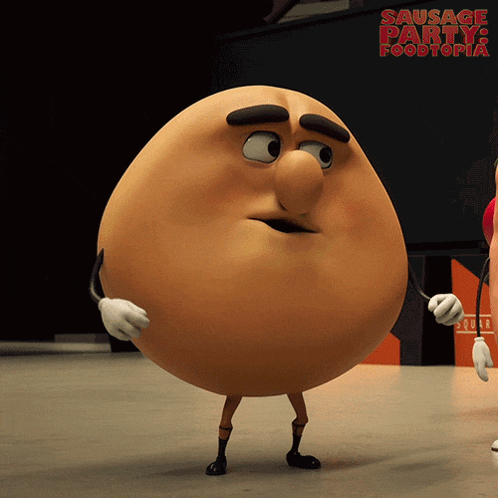 a cartoon character from sausage party foodtopia standing on a stage