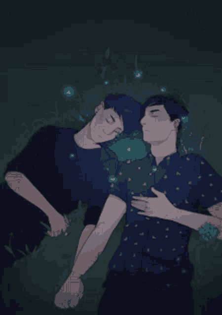a drawing of two men laying next to each other in a dark room
