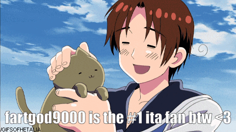 a picture of a boy holding a cat with the words fartgod9000 is the # 1 ita fan btw < 3