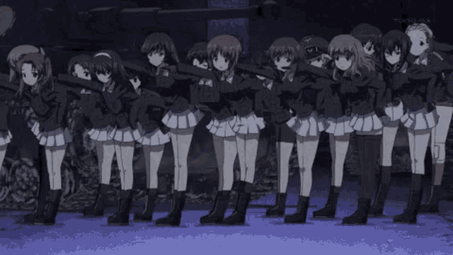 a group of anime girls standing in a line with tokyo on the bottom left