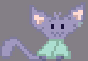 a pixel art drawing of a purple cat with a blue tail