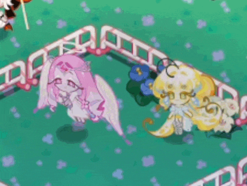 a couple of cartoon characters are standing next to each other in a field .