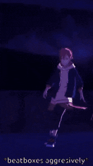 a picture of a person dancing with the words beatboxes aggressively