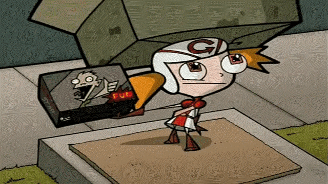 a cartoon character is standing next to a box that says fun on it