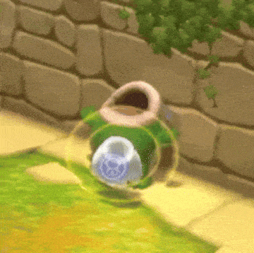 a cartoon character is sitting on the ground next to a stone wall .