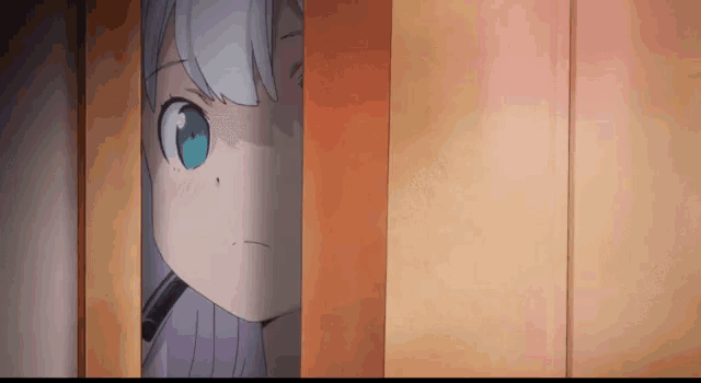 a girl with white hair and blue eyes peeking out of a doorway
