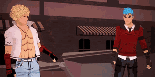 two cartoon characters are standing next to each other with one wearing a shirt that says ' sdsd '