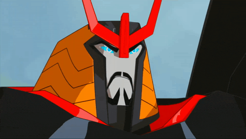 a cartoon drawing of a robot with a red helmet and blue eyes