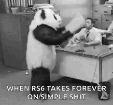 a panda bear is standing in front of a desk with a man in a suit behind him .