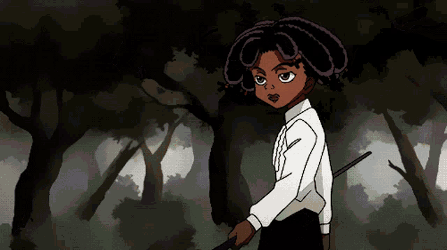 a cartoon drawing of a girl holding a stick