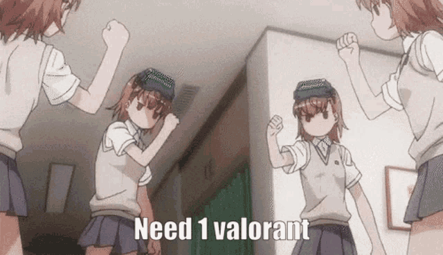a group of anime girls are standing next to each other in a room with the words `` need 1 valorant '' written on the screen .