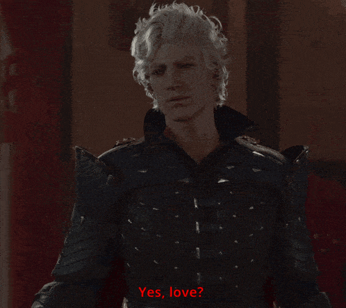 a man in armor says yes love on a screen