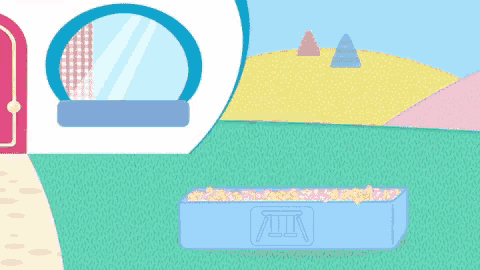 a cartoon drawing of a hamster standing next to a blue box with the letter i on it
