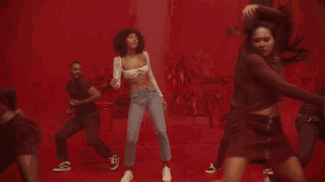 a group of people are dancing in a room with a red background