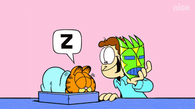 a cartoon of garfield wearing a green mask with a speech bubble that says nick