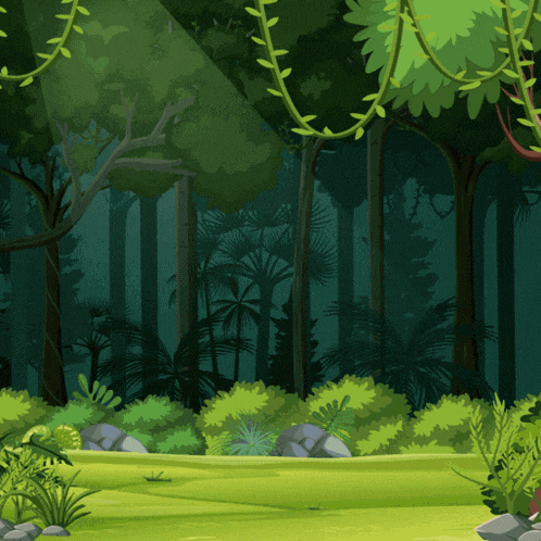 a cartoon illustration of a jungle with lots of trees and plants
