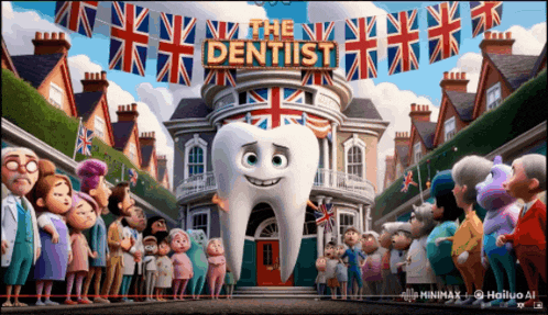 a movie poster for the dentist shows a large tooth in front of a building