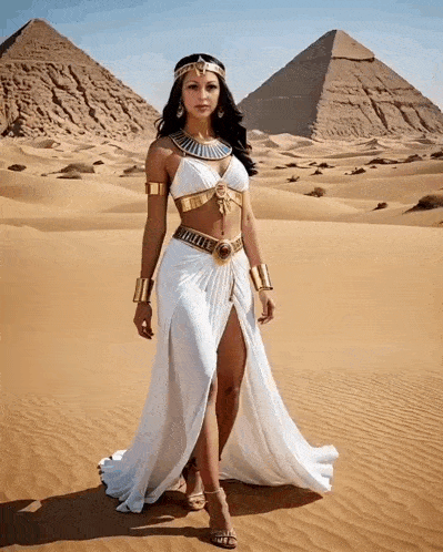 a woman in a white dress is standing in front of two pyramids