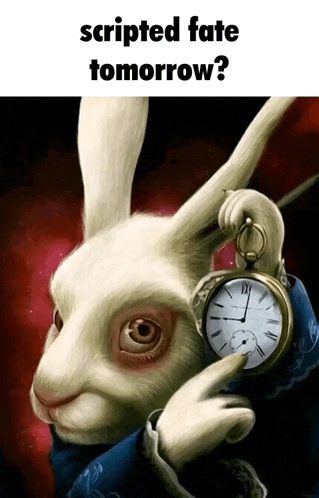 a white rabbit holding a pocket watch with the words scripted fate tomorrow