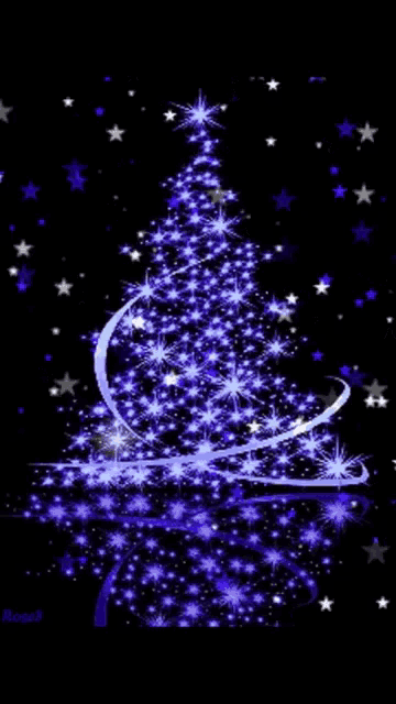 a blue christmas tree is surrounded by blue and white stars on a black background .